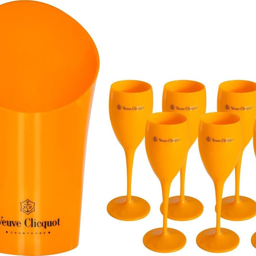 Veuve Clicquot Champagne Ice Bucket and 6 Acrylic Flutes New